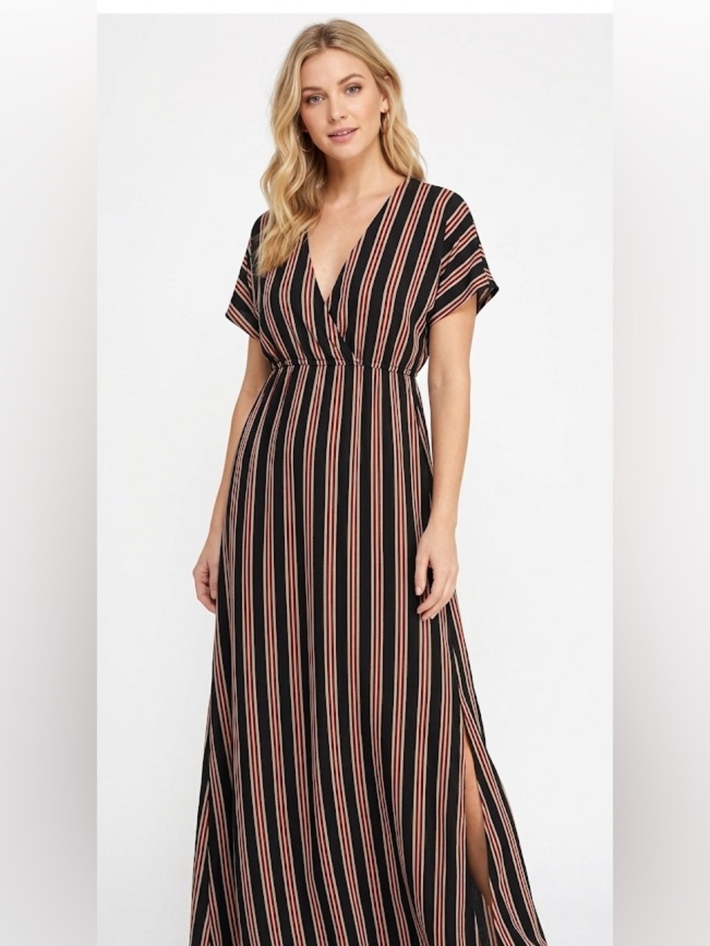 Blues & Greys striped maxi dress with deep slits size small